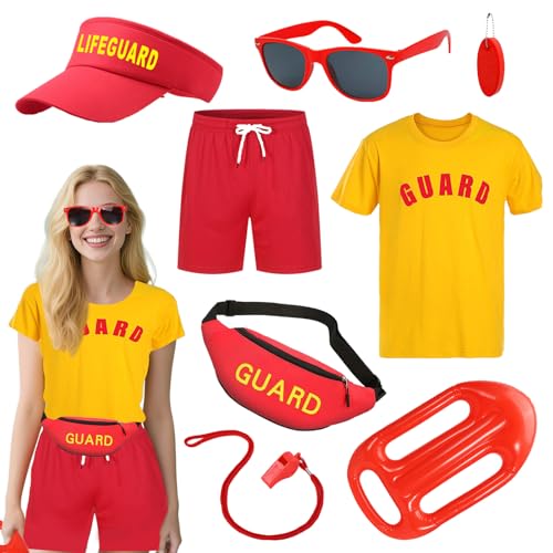 Rettungsschwimmer-Kostüm-Zubehör, 8-teiliges Set, Rettungsschwimmer-Kostüm, T-Shirt, Shorts, Hut, rote Hüfttasche, Pfeife, Sonnenbrille, aufblasbarer Schwimmer, Schlüsselanhänger für Männer und Frauen von WanderGo