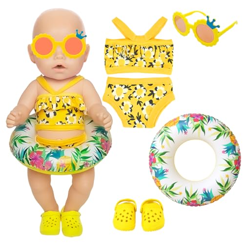 WanderGo 4 Teilig Badeanzug Puppen Set Puppenkleidung Sommer Schwimmset für 30–45 cm Schwimmpuppe Gelb Badeanzug mit Blumenmuster, Schwimmring, Sonnenbrille, Strandschuhe Puppenzubehör von WanderGo