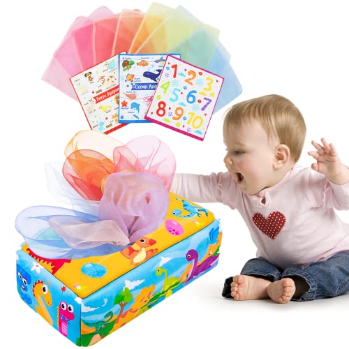 WanderGo Montessori Babyspielzeug, Tissue Box Sensorik Baby Spielzeug, Hohem Kontrast Babyspielzeug enthalten Farbiges Tuch Sensorisches Tuch Babyspielzeug Für Babys 6-12 Monate von WanderGo