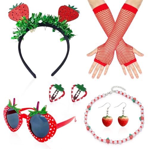WanderGo Erdbeer Kostüm Damen 9-Teiliges, Erdbeere Haarreif, Halskette, Brille, Ohrringe, Haarnadel, Handschuhe Erdbeere Kostüm Damen Kinder Fasching Kostüm Accessoires Faschingskostüm Obst von WanderGo
