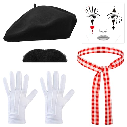 6 Pcs Pantomime KostüM Herren, Das KostüMset EnthäLt Eine Schwarze BaskenmüTze, Einen Roten Schal, WeißE Handschuhe, Gesichtstattoos Und Einen Schwarzen Schnurrbart, Themenfestival Dress Up Sets 6 Pcs Pantomime KostüM Herren, Das KostüMset EnthäLt Eine Schwarze BaskenmüTze, Einen Roten Schal, WeißE Handschuhe, Gesichtstattoos Und Einen Schwarzen Schnurrbart, Themenfestival Dress Up Sets von WanderGo