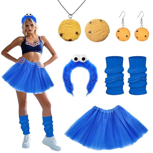 WanderGo Kekse Monster Kostüm, 8 Stück Muppets Kostüm mit Tüllrock Blau, Blaue Stulpen Damen, Haarreif, Halskette Haarnadel Ohrringe für Halloween Karneval Fasching Cosplay von WanderGo