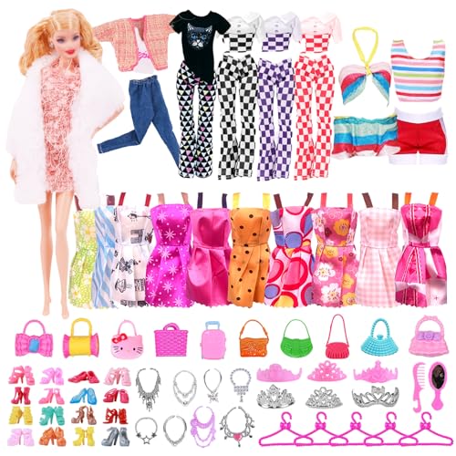WanderGo Kleidung und Zubehör, kompatibel mit Barbie, 63 Stück, inklusive Winterkleidung, Anzüge, Röcke, Badeanzüge, Schuhe, Prinzessinnenkrone, Halskette, Taschenaufhänger, Kamm, Spiegel für 29,2 cm von WanderGo