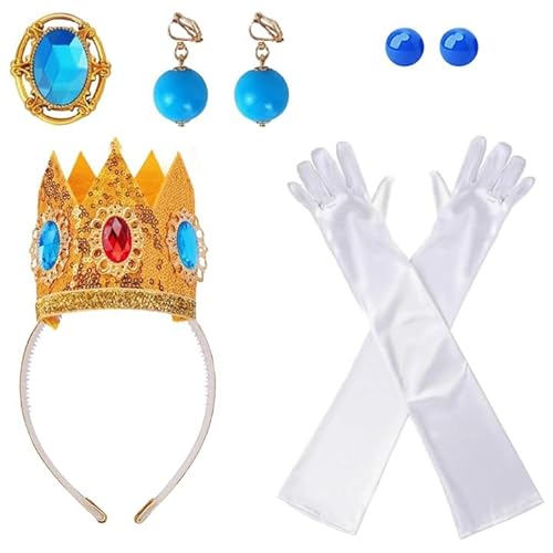 8 Stück Prinzessin Peach Kostüm, Prinzessin Kostüme Set, Peach-Princess Costume mit Krone, Brosche, 4 Ohrringen, 2 Handschuhe für Halloween, Geburtstagsfeier, Cosplay Dress Up, MäDchen Dekoration von WanderGo