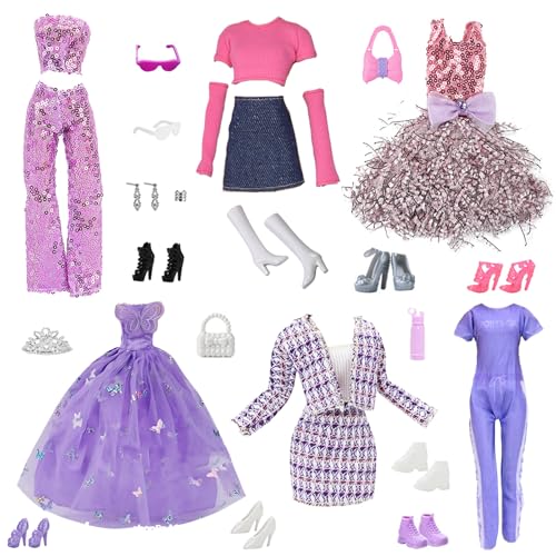 WanderGo Puppenkleidung für Puppen, kompatibel mit Barbie-Partykleidern, 6 Outfits, 8 Paar Schuhe, 2 Handtaschen und Schmuckzubehör für 29,2 cm große Puppen, Lila, 28 Stück WanderGo Puppenkleidung für Puppen, kompatibel mit Barbie-Partykleidern, 6 Outfits, 8 Paar Schuhe, 2 Handtaschen und Schmuckzubehör für 29,2 cm große Puppen, Lila, 28 Stück von WanderGo