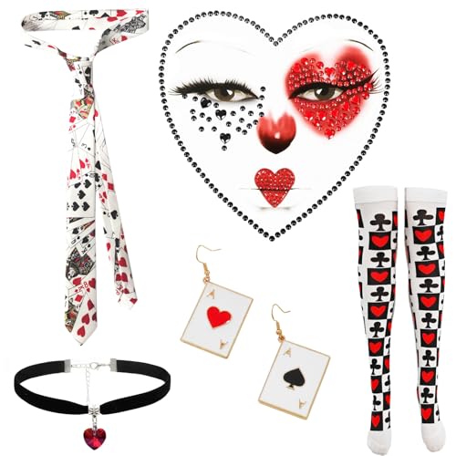WanderGo Spielkarten Kostüm 7 Stück Herzkönigin Kostüm Damen Karneval Casino Outfit Zubehör mit Pokerkarten Halterlose Strümpfe Krawatte Ohrringe Choker Halsband von WanderGo