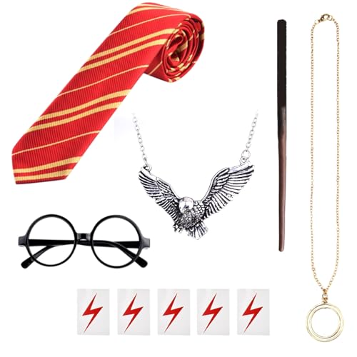 Zauberer-Kostüm-Zubehör-Set mit Zauberstab, gestreifter Krawatte, runder Rahmen, Brille, Zauberer-Halskette, blitzende temporäre Tattoos für Cosplay, Kostüm, Halloween, Partyzubehör, 10-teilig Zauberer-Kostüm-Zubehör-Set mit Zauberstab, gestreifter Krawatte, runder Rahmen, Brille, Zauberer-Halskette, blitzende temporäre Tattoos für Cosplay, Kostüm, Halloween, Partyzubehör, 10-teilig von WanderGo