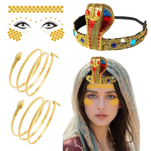 4 Stück Ägyptisches Kostüm Zubehör Set, Kobra Kopfschmuck, Schlangenarmbänder, Gesichtstattoo, Pharao Accessoires für Damen Halloween Karneval Party 4 Stück Ägyptisches Kostüm Zubehör Set, Kobra Kopfschmuck, Schlangenarmbänder, Gesichtstattoo, Pharao Accessoires für Damen Halloween Karneval Party von WangVipfei