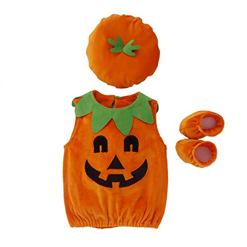 WangsCanis Cosplay Halloween Kürbiskostüm Süßes Säugling Kürbis Kostüm Jumpsuits mit Mütze für Baby Kind (Strampler + Mütze + Schuhen, 0-6 Monate) von WangsCanis
