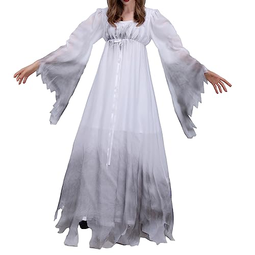 WangsCanis Horror-Zombie-Kostüm, Halloween, Geist, Zombie, Damen, Cosplay, Vampir, Braut, Festival, unregelmäßiges Kleid (Weiß Grau, M) von WangsCanis