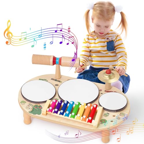 Schlagzeug Kinder, 8 In 1 Kinder Trommel Set, Musikspielzeug Musikinstrumente mit Xylophon, Holz Montessori Spielzeug für Jungen und Mädchen Schlagzeug Kinder, 8 In 1 Kinder Trommel Set, Musikspielzeug Musikinstrumente mit Xylophon, Holz Montessori Spielzeug für Jungen und Mädchen von Wanlola
