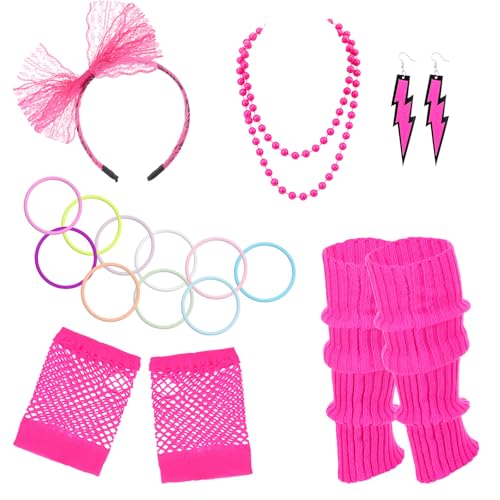 Wanmu 6 Stück 80er Jahre Kostüm Zubehör Set für Damen, Retro 90er Thema Party Outfit Accessoires, Stirnband, Armband, Blitz-Ohrringe, Fischernetz-Handschuhe, Halskette, Neon Beinwärmer (Rosenrot) von Wanmu