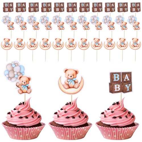 Wanmu Cupcake-Topper für Babypartys, 36 Stück, Baby-Bär-Thema, Babybär-Kuchendekorationen, Dschungeltier-Thema, Babyparty, Geburtstagsparty, Kuchendekoration, Babyparty-Geburtstagszubehör von Wanmu