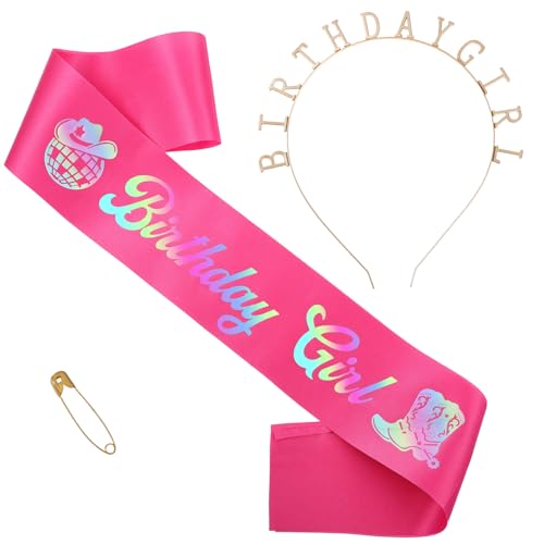 Wanmu Geburtstag Mädchen Schärpe mit schillernder Folie, Rosa Disco Cowgirl Geburtstag Party Schärpe Glitzer Krone Tiara Western Cowgirl Party Dekorationen für Geburtstag Party Supplies von Wanmu