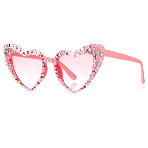 Wanmu Geburtstags-Herzbrille für Damen, Pinke Sonnenbrille Geburtstagsgeschenke Strass-Sonnenbrille für Geburtstagsfeiern von Wanmu