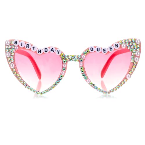 Wanmu Geburtstags-Herzbrille für Damen, Rosa Herz Geburtstagskönigin Strass-Sonnenbrille, Retro Herzbrille Geburtstagsparty-Geschenkzubehör für Frauen von Wanmu