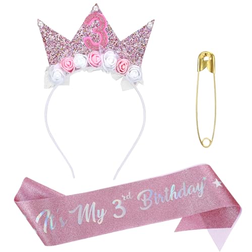 Wanmu Geburtstagskrone und Schärpe für Damen, Prinzessin Geburtstag Tiaras und Glitter Schärpen, Mädchen Stirnband mit Rosenblumen für 2/3/4/5 Jahre Baby Kinder Geburtstag Party Deko (Rosa) von Wanmu
