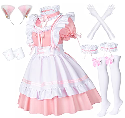 Anime French Maid Schürze Lolita Fancy Dress Cosplay Kostüm pelzige Katze Ohr Handschuhe Socken Set, rose, 4X-Large von Wannsee