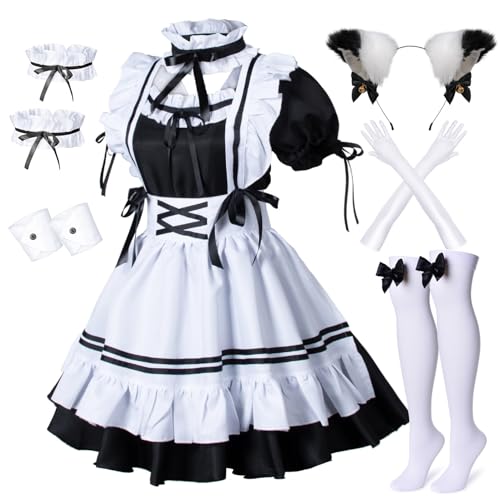 Anime French Maid Schürze, Lolita, Faschingskostüm, Cosplay Kostüm, pelzige Katze, Ohren, Handschuhe, Socken-Set, schwarz-weiß, Large von Wannsee