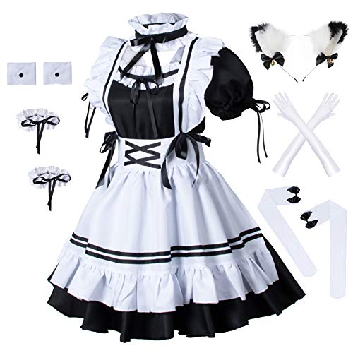 Anime French Maid Schürze, Lolita, Faschingskostüm, Cosplay Kostüm, pelzige Katze, Ohren, Handschuhe, Socken-Set, schwarz-weiß, Large von Wannsee