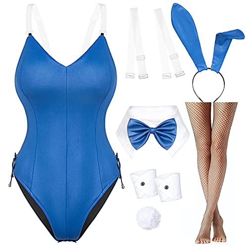 Damen Bunny Mädchen Anzug Anime Rolle Kostüm Senpai Cosplay Body Einteiler Strümpfe Set (Blau Übergröße 5XL) von Wannsee