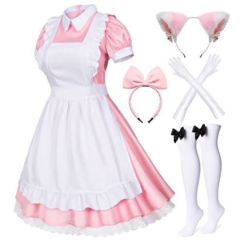 Japanisches Anime-Kostüm, Lolita, französische Dienstmädchen-Schürze, Kostüm, Handschuhe, Kopfbedeckung, Socken-Set, Pink Übergröße 4XL, 6 Stück von Wannsee
