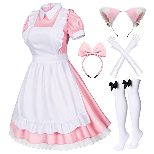 Wannsee Japanische Anime-Schürze, Lolita, französische Magd, Kostüm, Handschuhe, Kopfbedeckung, Socken, Set (Rosa, Größe 2XL) von Wannsee