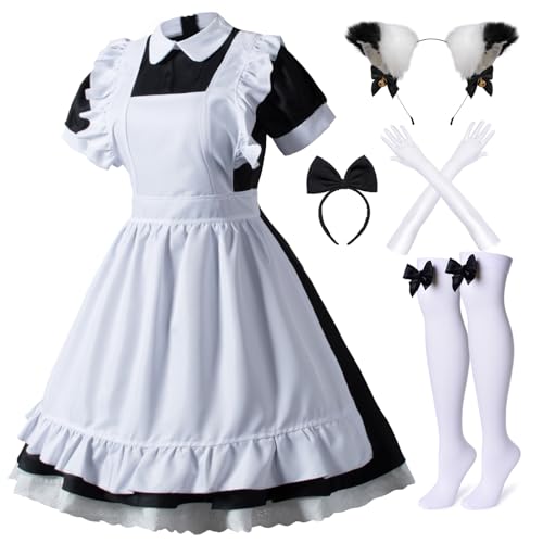 Japanisches Anime-Kostüm, Lolita, französische Dienstmädchen-Schürze, Kostüm, Handschuhe, Kopfbedeckung, Socken-Set, Schwarz, Größe 2XL, 6 Stück von Wannsee