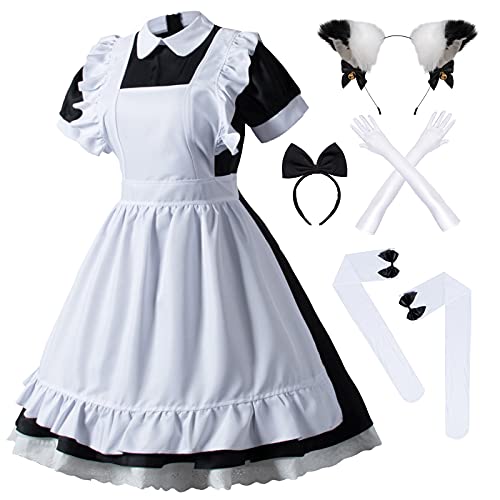 Japanisches Anime-Kostüm, Lolita, französische Dienstmädchen-Schürze, Kostüm, Handschuhe, Kopfbedeckung, Socken-Set, Schwarz, Größe M von Wannsee