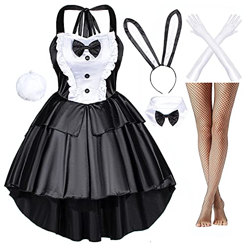 Klassisches schickes Hasen-Mädchen-Smoking-Stil, schwarzes Kleid, Cosplay-Kostüm, Schwanz, Ohren, Strümpfe, Handschuhe, Set (Übergröße: 5XL) von Wannsee