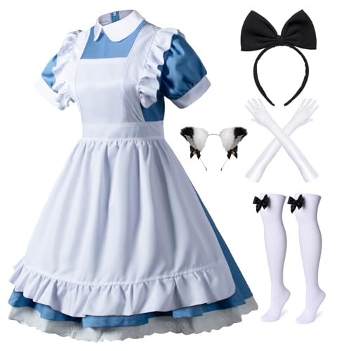 Wannsee Japanisches Anime-Kostüm, Lolita, französische Dienstmädchen-Schürze, Kostüm, Handschuhe, Kopfbedeckung, Socken-Set, Blau 2XL von Wannsee