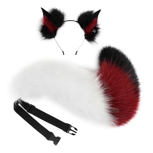 Fuchs-Ohren- und Schwanz-Set, dicke Plüschohren und ultraflauschiges Kunstfell-Schwanz-Kostüm-Zubehör für Halloween, Cosplay, Rotschwarz, Medium von WanwanHut