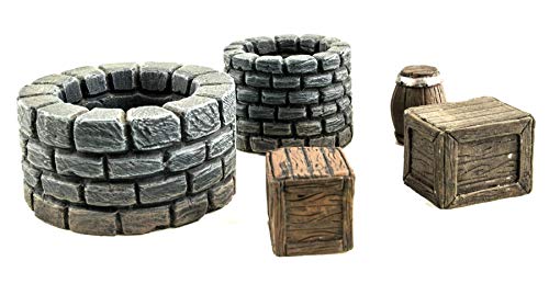 War World Gaming Fantasy Village Set von Brunnen, Kisten & Fässer - 28mm Mittelälter Fantasie Modellbau Tabletop Gelände von War World Gaming