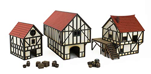 War World Gaming Medieval Town Cottage, Bürgerhaus und Scheune Set mit Harz-Zubehör (Vorbemalt/Unbemalt) - 28mm Fantasie Tabletop Gelände Modell Modellbau von War World Gaming