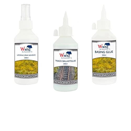 War World Scenics Modellbau Klebstoffe Set 3 x 250ml - Kleber Basen Sprüh Schotter Leim Streugras Modellbahn Modell Diorama Landschaftsbau Basing von WWS War World Scenics