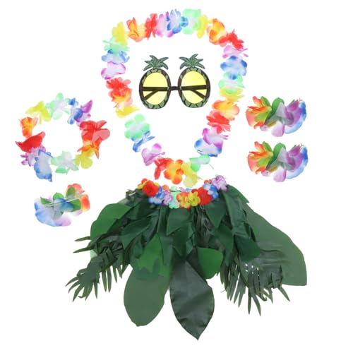 Warmhm 1 Satz Hawaiian Leaf Skirt Kostümset mit Sonnenbrille Blumenkranz Haarband Armreifen und Haarklammer Teiliges Set für Tropische Partys und Luau Feiern von Warmhm