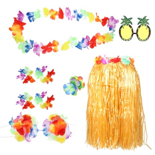Warmhm 1 Satz Hawaiian Party Set Teiliges Kostüm mit Grasrock Blumenkranz und Ananasbrille für Sommer und Luau Partys für Fotos und Festliche Anlässe von Warmhm
