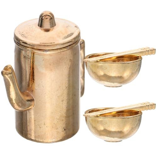 Warmhm 1 Satz Miniatur-puppenhausgeschirr Mini-wasserkocher Mini- -geschirrzubehör Puppenhausverzierung Mini-hauswasserkocher Mini -schüssel Miniatur-puppengeschirr Eisen Golden von Warmhm