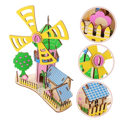 Warmhm 1 Satz Zusammengebautes Holzmodell Puzzle Kind Modell eines Windmühlenhauses aus Holz Rätsel Holzrätsel Zusammenbau eines Holzhausmodells 3D-Rätsel hölzern von Warmhm