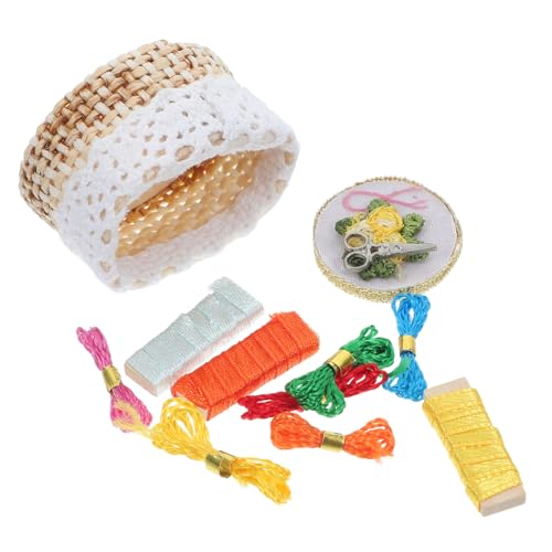 Warmhm 1 Set Mini Stickerei Werkzeug Korb Möbel Miniatur Hohe Nähen Kit Zubehör Puppenhaus Stickgarn Holz von Warmhm