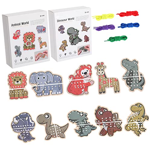 Warmhm 2 Sätze Dino und Tier Lacing Karten Teiliges Nähset für Fördert Feinmotorik und Hand Augen Koordination für Vorschule und Familienspiele von Warmhm