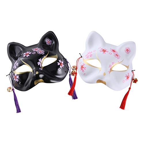 Warmhm 2 Stück Handgefertigte Katzenmaske im Japanischen Stil für Halloween Cosplay Karneval Weißer und Schwarzer Kirschblütenkatze Masken für Frauen und Mädchen von Warmhm