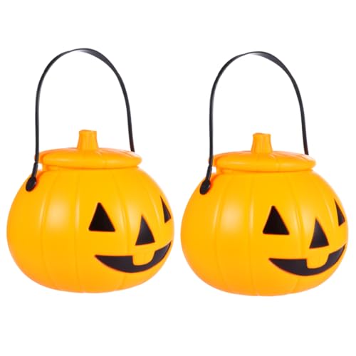 Warmhm 2 Stücke Kunststoff Gelb Halloween Kürbis Eimer Mit Deckel Kreative Halloween Süßigkeiten Halter Tragbare Kürbis Süßigkeiten Eimer Kürbis Süßigkeiten Eimer von Warmhm
