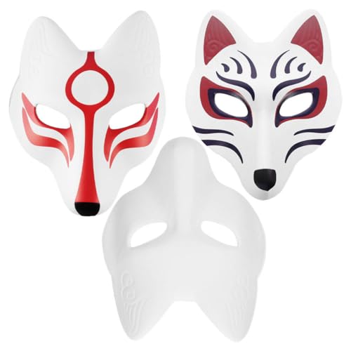 Warmhm 3 Stück Fuchs-Maske Therian-Maske Pu-Wolf-Maske Weiße Katzenmaske Diy Bemalbare Tiermaske Vollständige Maskerade-Maske Kinder Erwachsene Karneval Cosplay Kostüm-Requisiten von Warmhm
