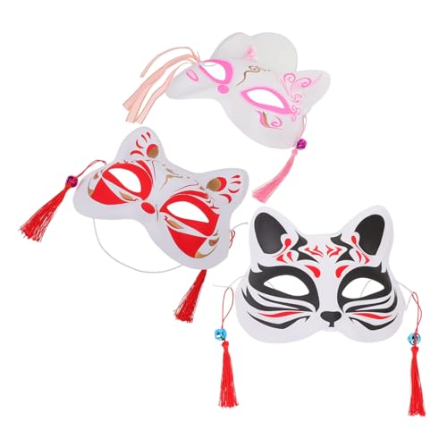 Warmhm 3 Stück Handbemalte Japanische Fuchs Katzenmasken aus Kunststoff Leichte Halbgesichts-maskerade für Party Cosplay und Halloween Komfortabel für Erwachsene von Warmhm