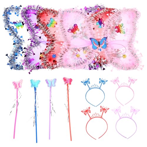 Warmhm 4 Sätze Schmetterlingsflügel Kostüm mit Feenflügeln in Rot Leichtes Cosplay Zubehör für Mädchen Party Karneval Verkleidung Geburtstagsgeschenk von Warmhm