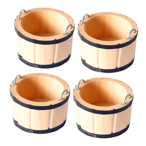 Warmhm 4 Stück Holzeimer Holz puppenhaus deko Holz Eimer Miniatur-Puppenhauszubehör Puppenhaus-Obstkorb kleines Holzfass für den Haushalt Dollhouse Decor Metall von Warmhm