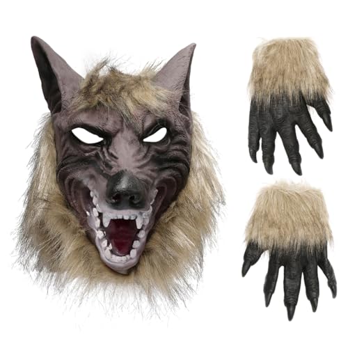 Warmhm Halloween-Werwolf-Kostüm-Maske Horror-Werwolf-Kopfmaske Und Klauenhandschuhe Wolf-Cosplay-Maske Anziehkostüm von Warmhm
