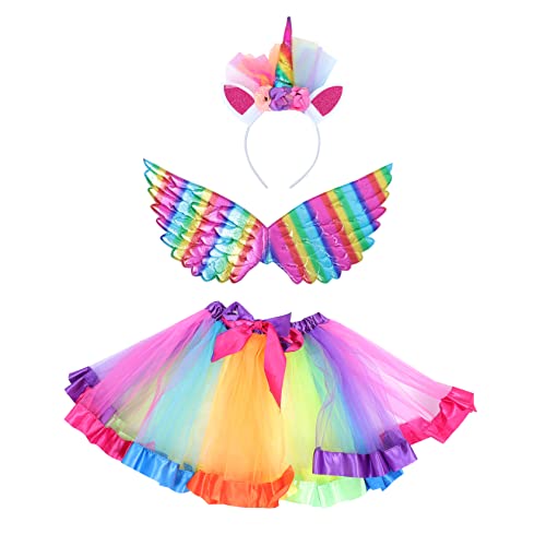 Warmhm Kinderkostüm Einhorn Haarreif mit Regenbogen Tüllrock und Engelsflügeln Bezauberndes Cosplay Set für Mädchen für Bühne Fasching Party und Karneval von Warmhm