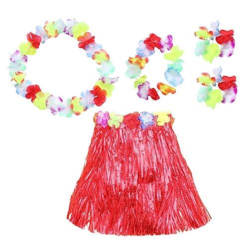 Warmhm Luau Party Set Hawaiianischer Grasrock mit Blumenkette Stirnband und Armbändern Rotes Teiliges Kostüm für Strand und Inselthemen Sicherer Tanzanzug für Mädchen von Warmhm